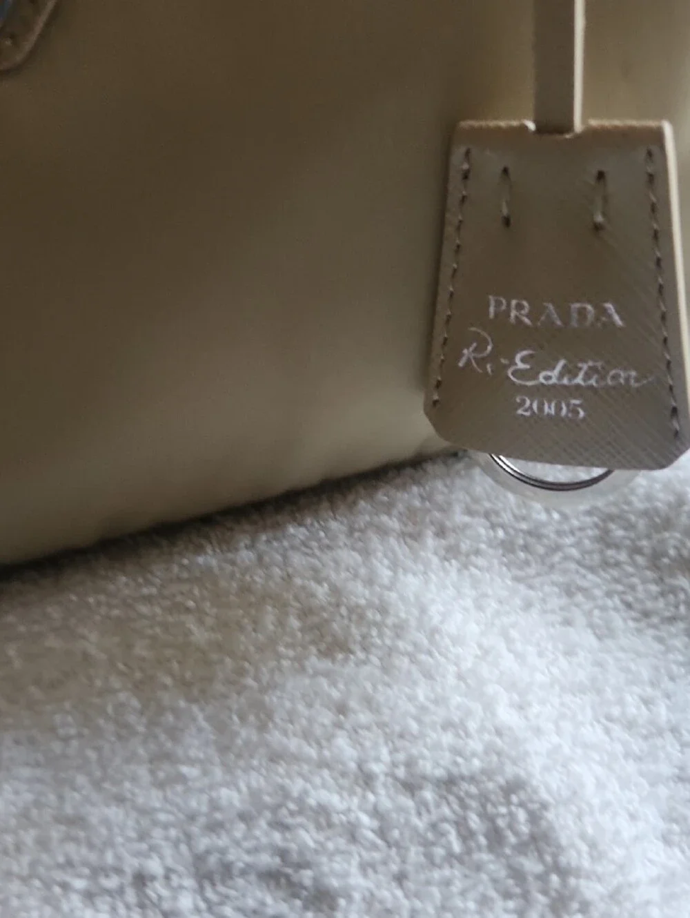 Prada Light Beige Nylon Shoulder Bag with Silver Chain